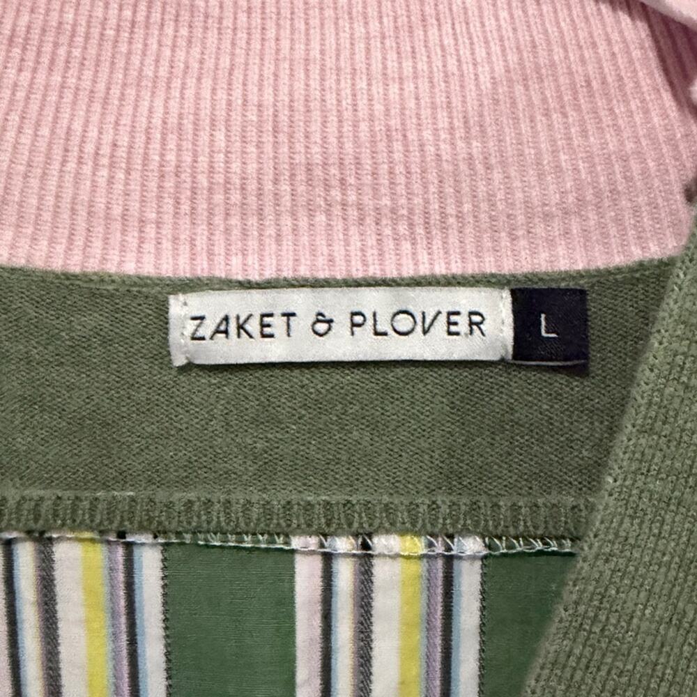 Zaket & Plover Stripe Trim Mixed Media Cardigan Green Large Cotton Silk Blend - Picture 6 of 8